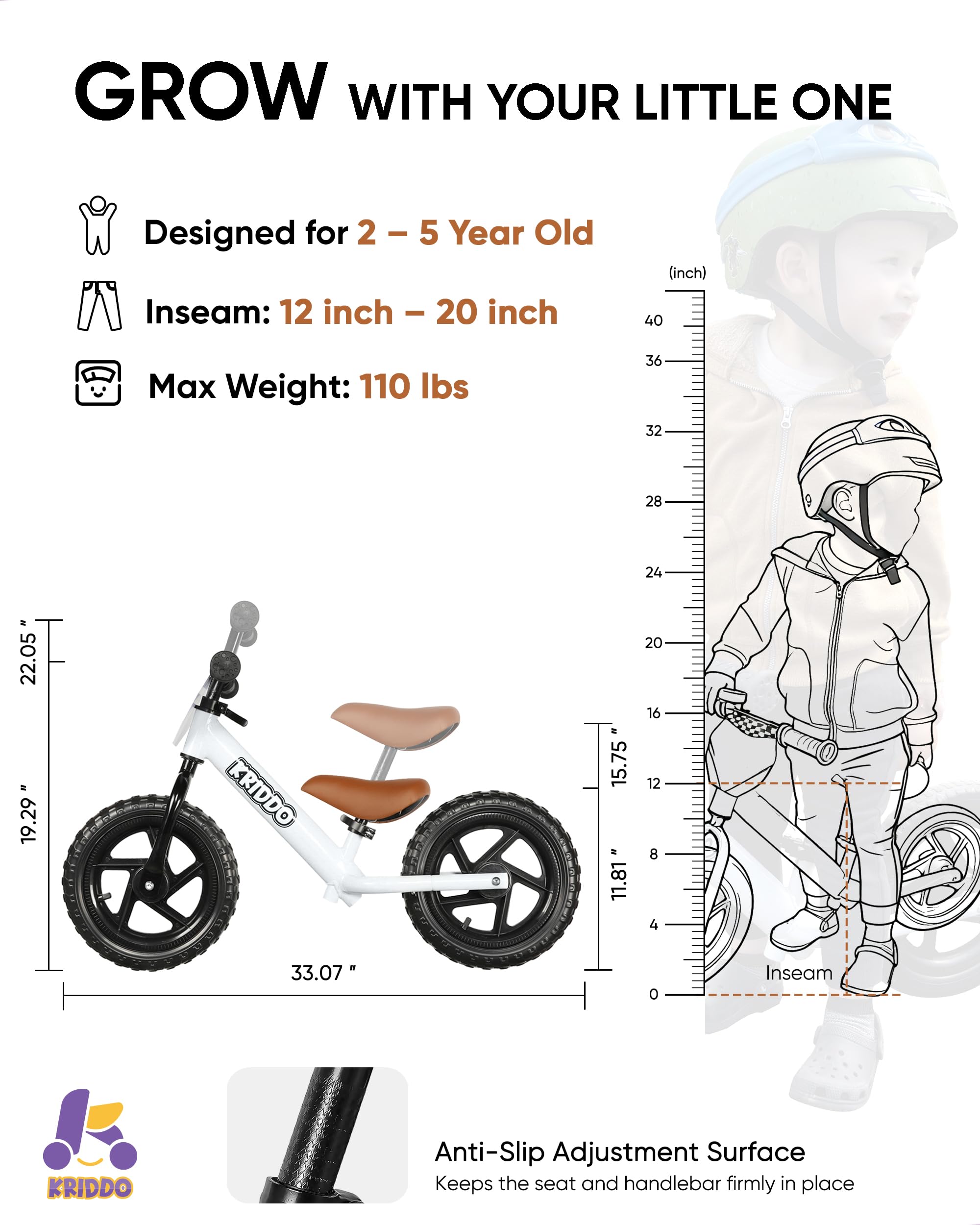 KRIDDO Balance Bike 2 Year Old, Toddler Toys for 2-3 Year Old Boys & Girls, 12 Inch Toddler Bike with Custom Name Plate & 3 Sticker Sets, Gift for Early Riders, White