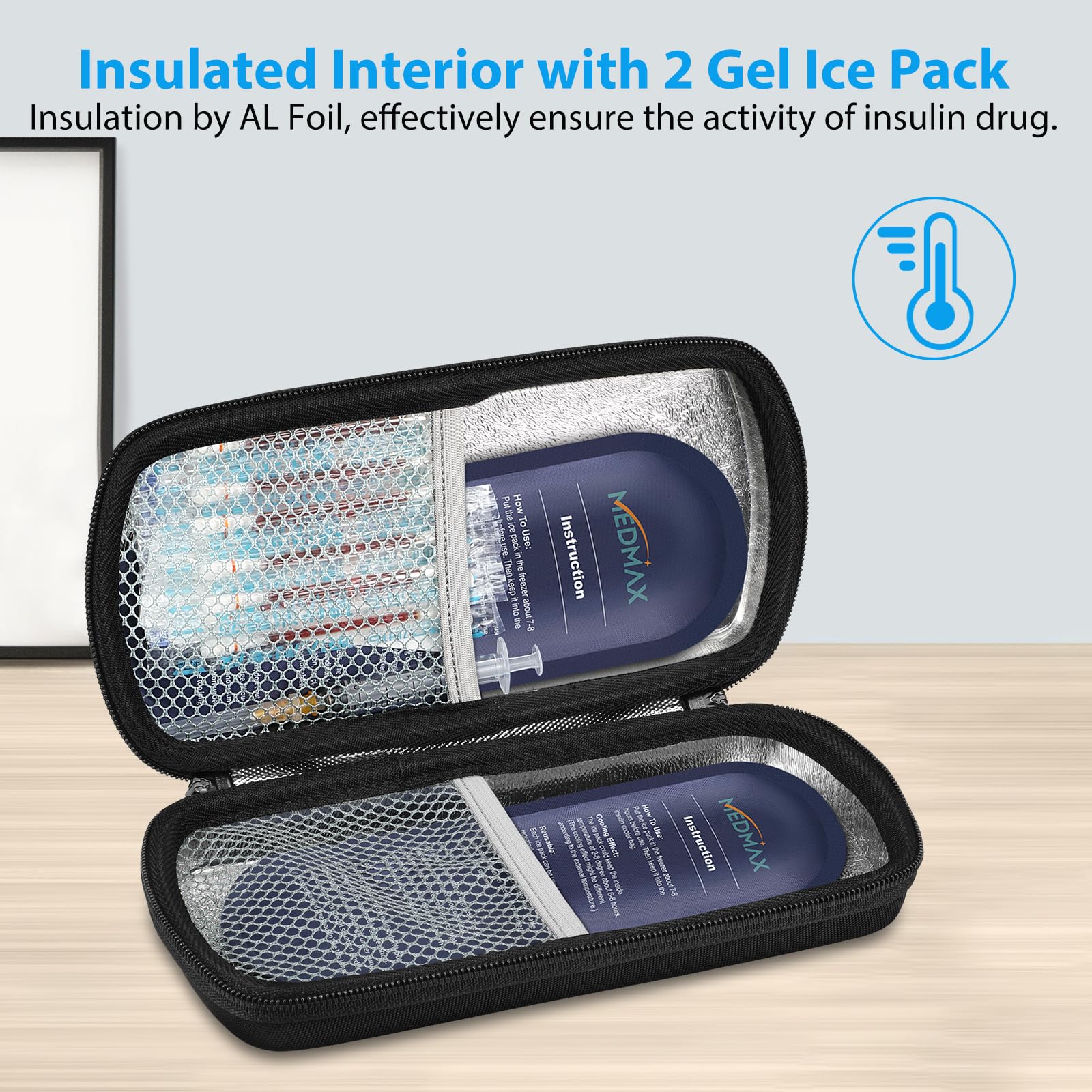 Hard Shell Insulin Cooler Travel Case with 2 Ice Pack, Shock Absorption Insulated Diabetic Medication Organizer Carrying Bag with Extra Pouch for Insulin Pen and Other Diabetic Supplies, Black