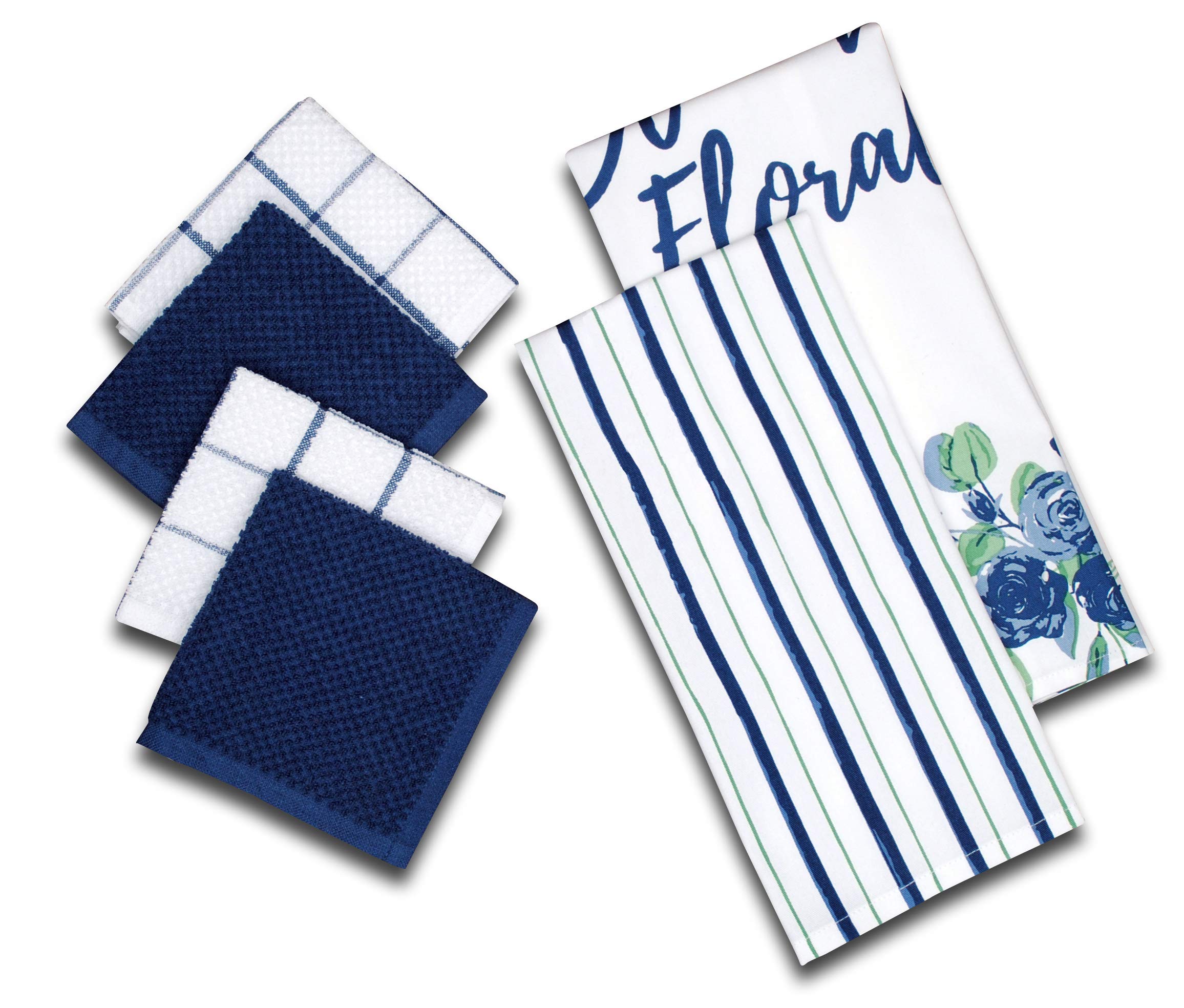 AMOUR INFINI Blooming Floral 6 Pack Kitchen Set | 2 Decorative Kitchen Towels (45 x 70 cm) and 4 Terry Dishcloths (30 x 30 cm) | 100% Cotton Machine Washable | Super-Soft and Ultra Absorbent | Blue