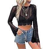 SOLY HUX Women's Hollow Out Crochet Crop Top Long Bell Sleeve Knit Sweater Pullover Without Bra
