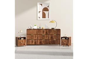 HRETANANT 3 Pcs Bedroom Furniture Set, 9 Drawer Fluted Dresser and Nightstand Set of 2 with Charging Station, Modern Bed Side Table Chest of Drawers Storage Cabinet Set for Bedroom, Living Room, Walnut