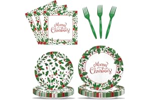 KMCCUMBER Christmas Paper Plates and Napkins, Christmas Party Plates Supplies Holly Leaf Christmas Dinnerware Set Christmas Plates Napkins Forks for Christmas Party Supplies