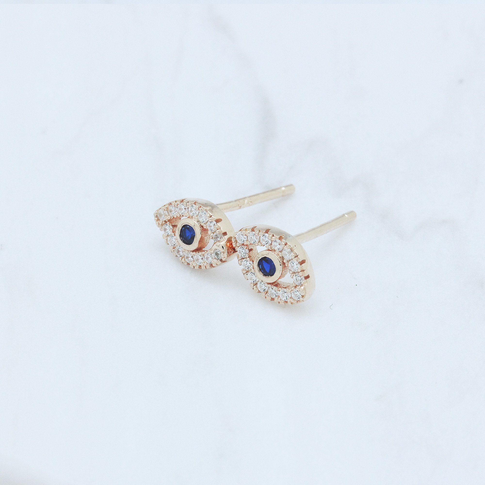 14k Rose Gold Plated Sterling Silver Cubic Zirconia Mini Evil Eye Jewish Symbol Stud Earrings