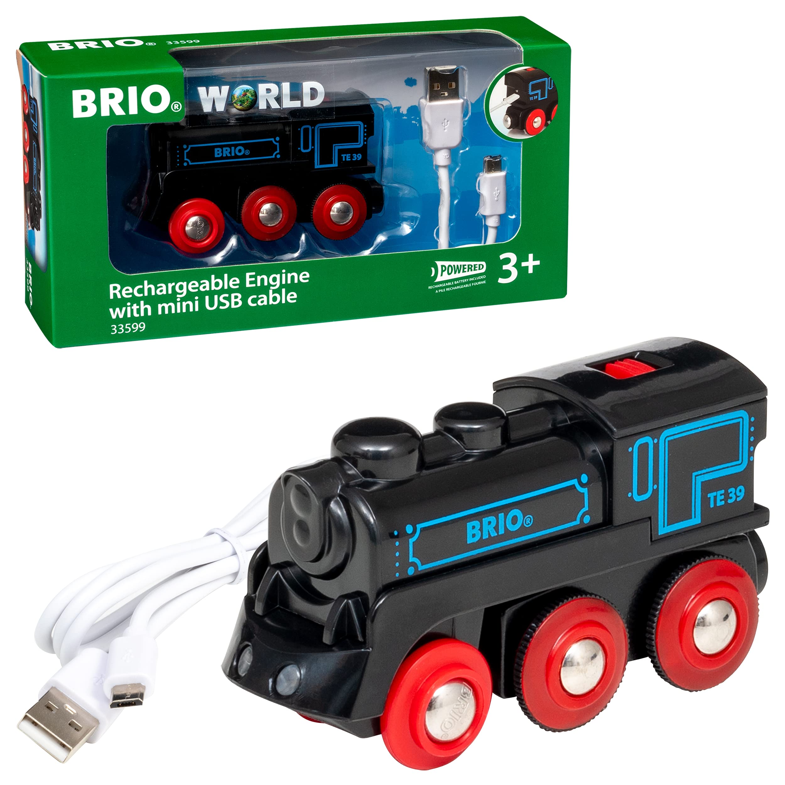 BRIO World Rechargeable USB Train Engine – Battery Powered Toy Locomotive with Lights & Sounds, Includes Mini USB Cable, Compatible with BRIO World Wooden Railway Sets, Kids Age 3 Years and Up