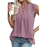 EVALESS Women's Tops Lace V Neck Dressy Casual Sleeveless Blouses Elegant Swiss Dot Smocked Shirts Spring Fashion