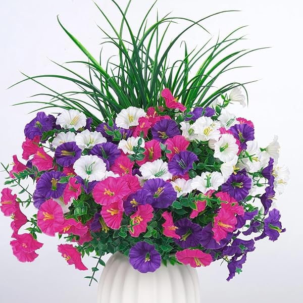 INQCMY ARTIFICIAL FLOWERS FOR OUTDOORS, 12 BUNDLES UV RESISTANT FAKE MORNING GLORY AND 2 BUNDLES GREENERY GRASS, SILK FAUX PLANTS FOR GARDEN PORCH PATIO HOME DECOR