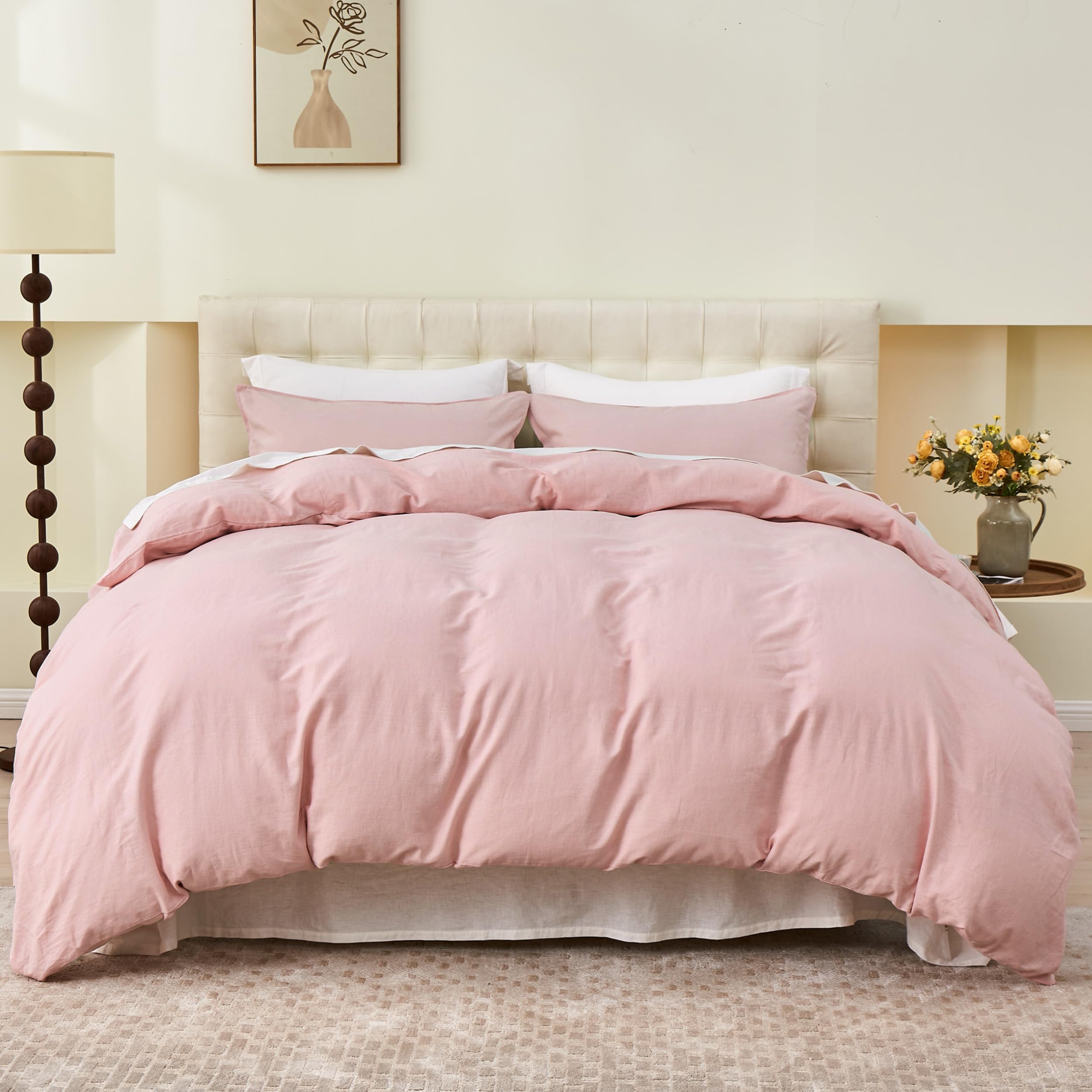 Simple&Opulence King Duvet Cover with 2 Pillowcases,Soft Cotton Linen Duvet Cover,King Size Bedding Set with Button Closure,Hypoallergenic Luxurious Breathable Quilt Cover Set,230x220cm,Pink — image 1