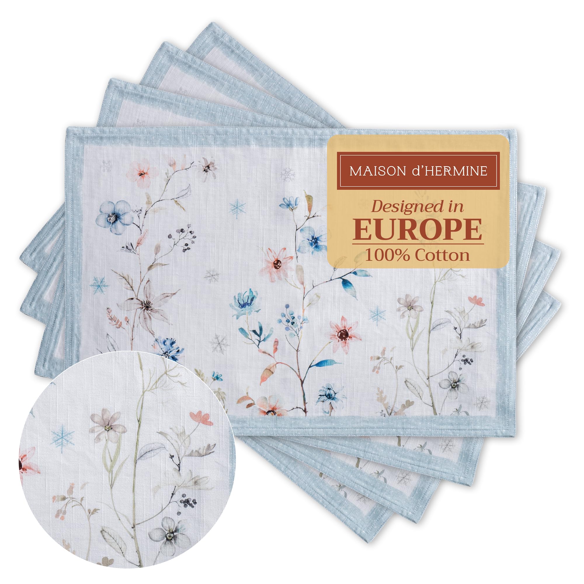 Maison d' Hermine Placemats Set of 4 100% Cotton Washable Cloth Place Mats, Reusable Table Mats for Christmas Decorations Kitchen Dining Party Wedding Restaurant (Ice Florals, 33 CM x 48 CM) — image 1