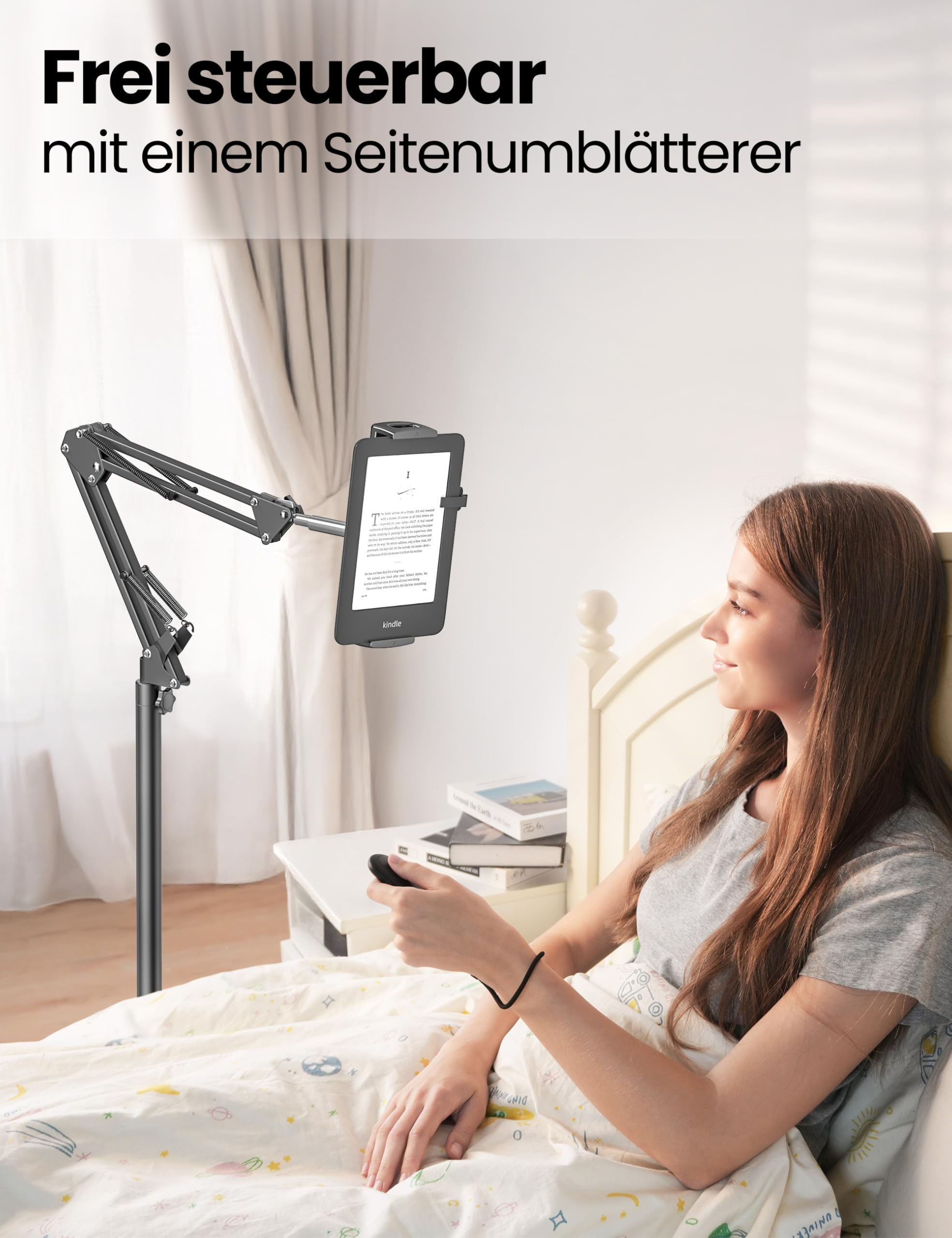 VOLTIFYMAX Tablet Bodenständer mit Kindle Fernbedienung, Verstellbarer Tablet Halterung für Kindle zubehör Paperwhite/Oasis/Kobo, iPad/Pro/Mini, Phone, Samsung Tab, 4.7-13 Zoll (schwarz) 2