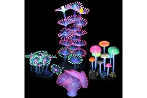 Filhome 4 Pack Aquarium Fish Tank Decorations: Coral, Mushroom, Anemone, Plants Kit - Glowing Fish Tank Decorations for Small and Large Aquarium Decor Accessories