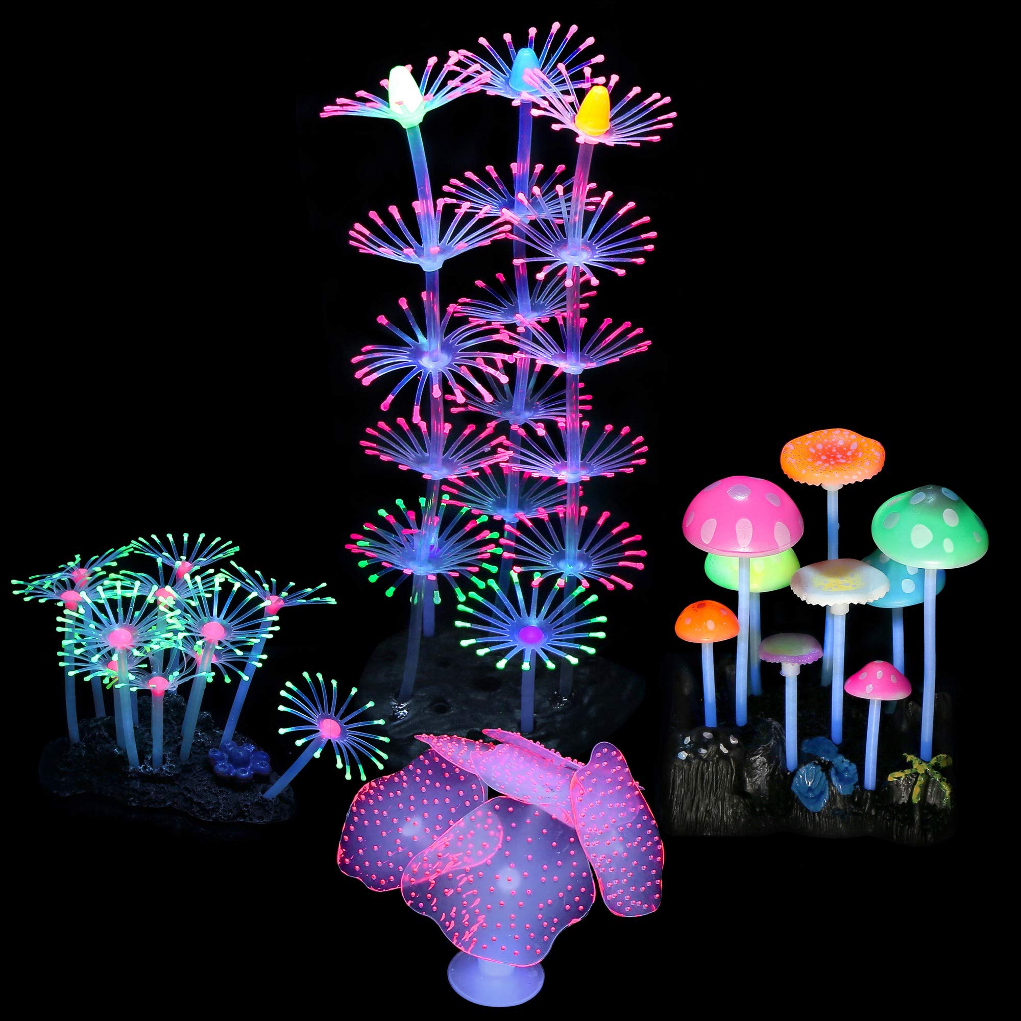 Filhome Glowing Fish Tank Decorations Plants, 4 pcs Glow Aquarium Coral Ornament Decorations Glowing Mushroom Coral Plant Lotus Kelp and Anemone