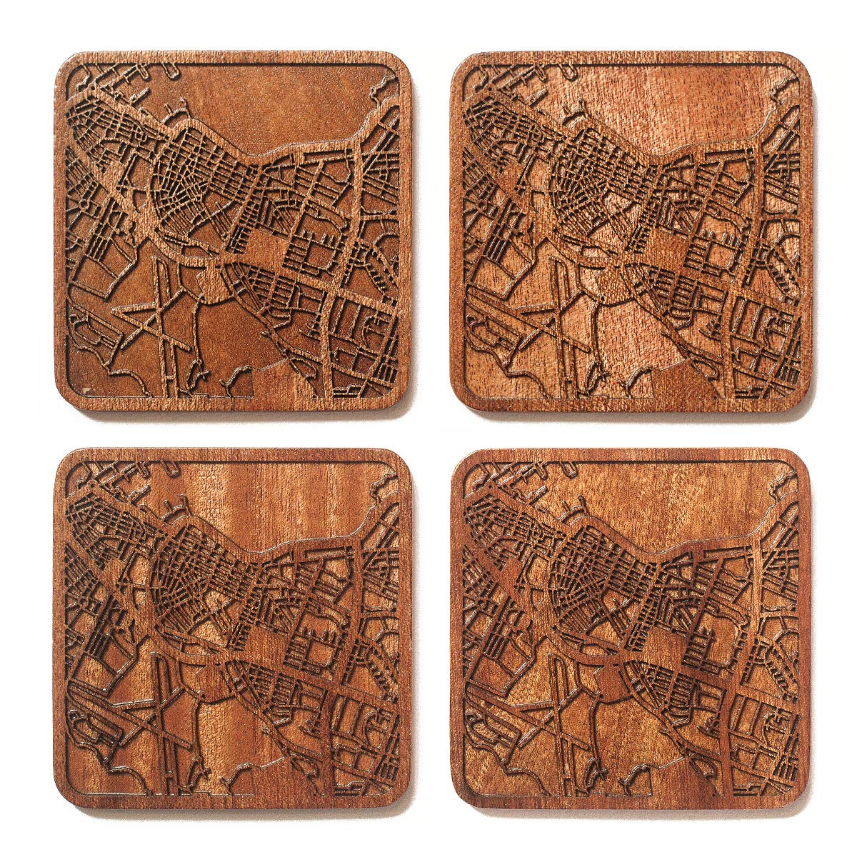 Reykjavik Map Coaster, Set of 4, Sapele Wooden Coaster with City map, Multiple City Optional, Handmade