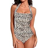 Smismivo Tummy Control Swimwear Halter One Piece Slimming Vintage Retro Swimsuit Womens Ruched Push Up Bathing Suit