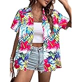 Women Hawaiian Shirt : Summer Soft Hawaii Tropical Shirts - Floral Beach Button Up Short Sleeve Top