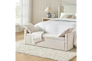 HULALA HOME Modern Storage Bench with Throw Pillows, 59.4" Extra Long Bedroom Ottoman Bench for End of Bed, Comfy Upholstered Footstool for Entryway Living Room Dining Room, Linen