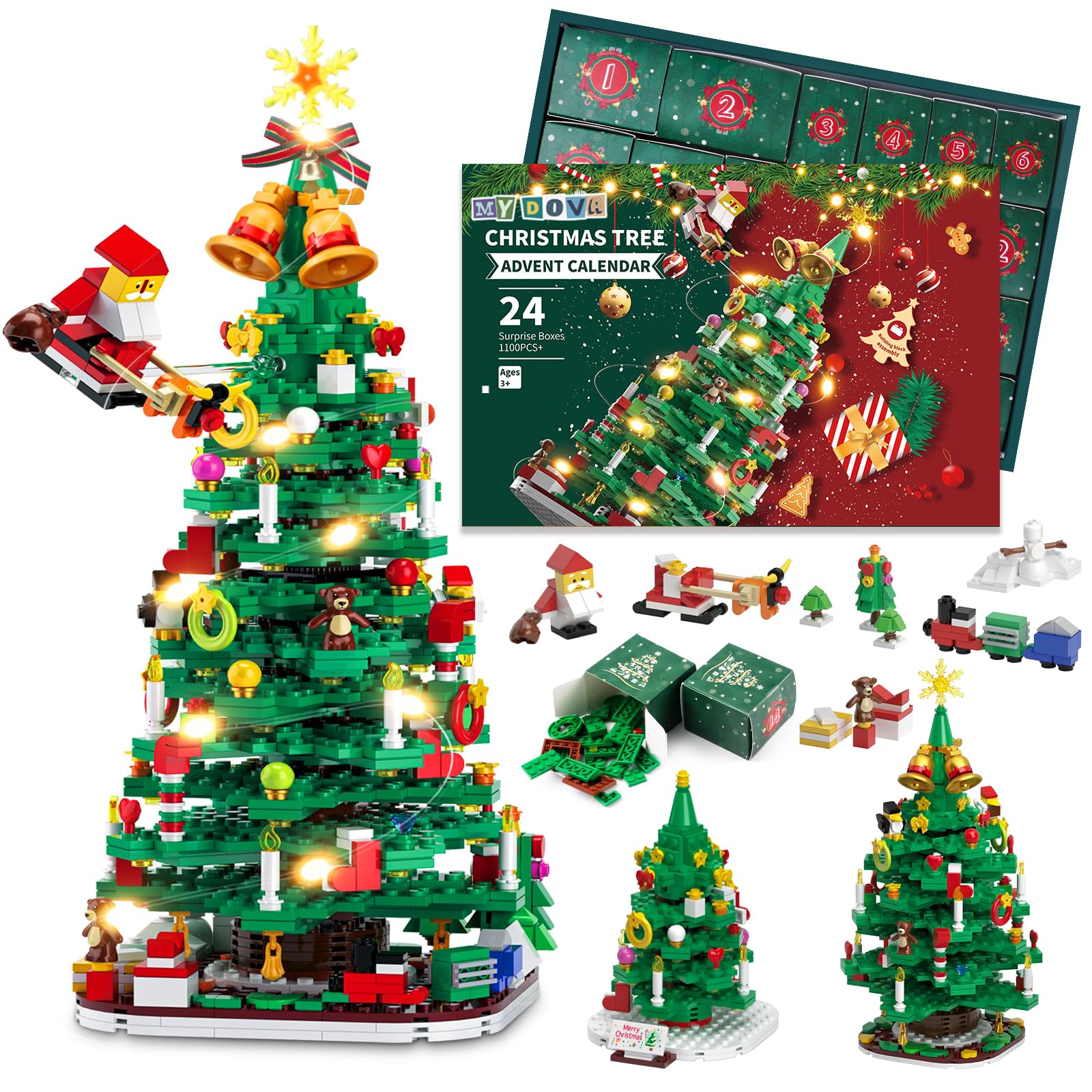 Advent Calendar 2025 Christmas Tree Building Set with LED Light, 24-Day Christmas Countdown Calendar, 24 Boxes 1100+ Pcs, Surprise Boxes Creative Gifts for Adults Teens Kids Ages 6+