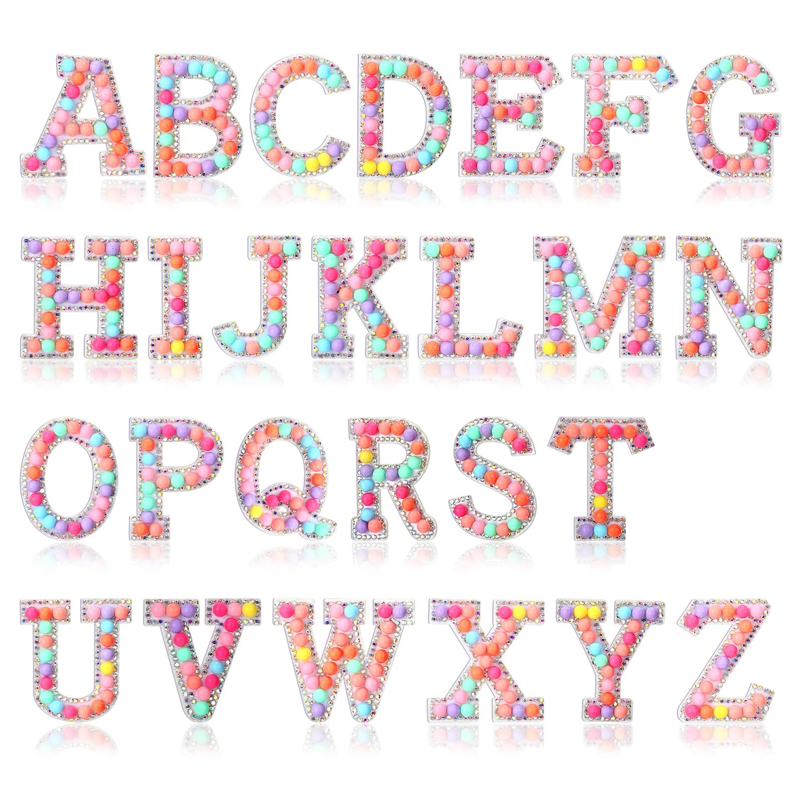 Photo 1 of Lyrow 26 Pcs Candy Rainbow Preppy Pearl Letter Patch Set A-Z Iron-on Rhinestone Alphabet Clothing Glitter Pearl Sewing Appliques Alphabet Embroidery Patches Self-Adhesive Patches DIY Supplies