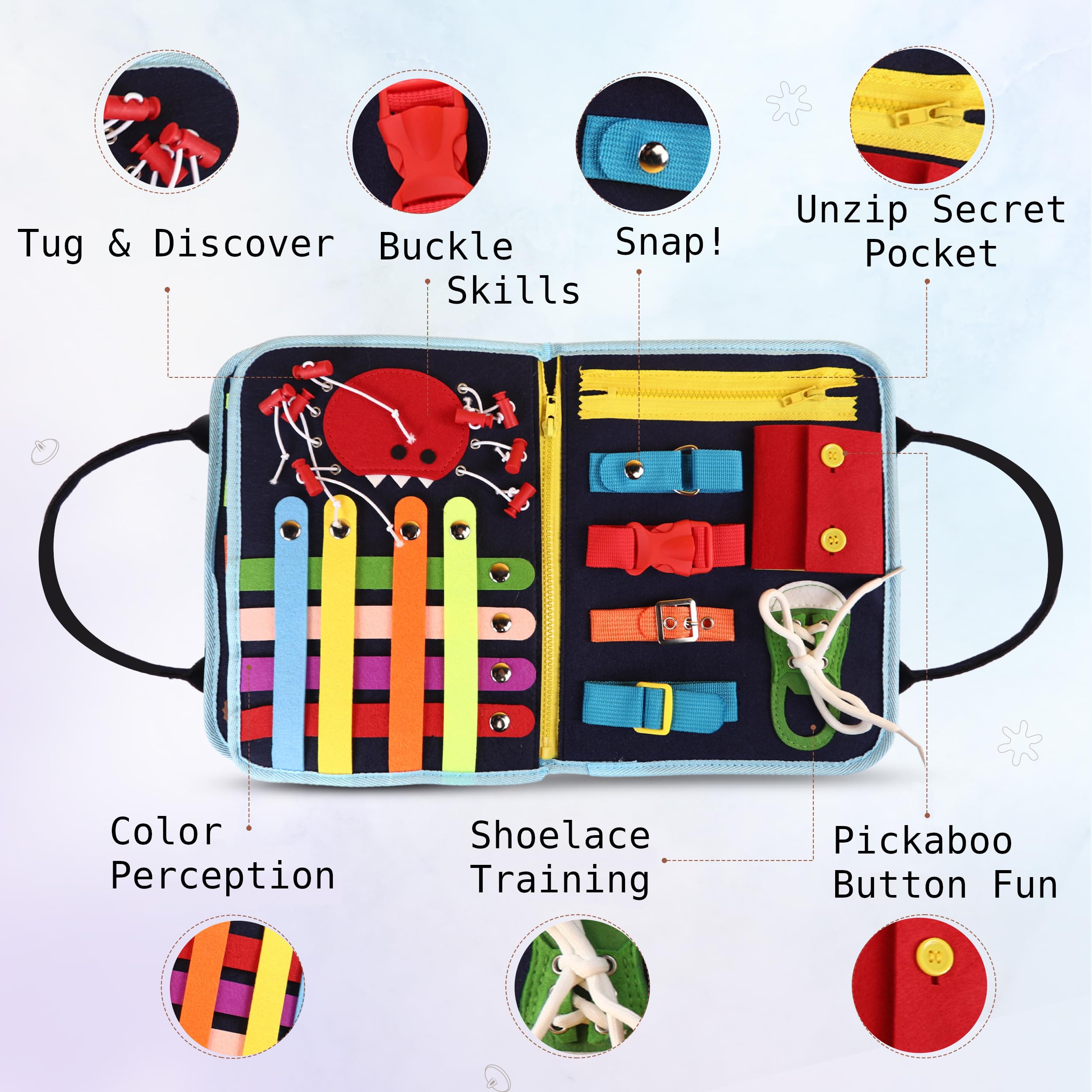 JAGSYJOY Busy Book for Toddlers - Montessori Busy Board with Sensory Activities for Learning Fine Motor Skills, Travel Toys for Toddlers for Airplane, Car. for Boys and Girls.