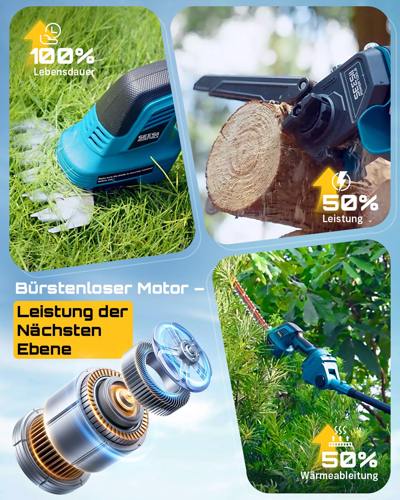 SEESII 6-in-1 Mini Kettensäge & Akku Heckenschere Set, Hochentaster mit 2 * 4000mAh Akkus, Maximale Reichweite bis zu 4,57m, Geeignet für Gartenpflege und zum Holzfällen 4