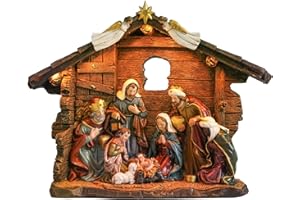 MUMTOP Nativity Set with Manger, Resin Nativity Set Figurine with LED Lights, Christmas Nativity Scene Sets Indoor with Manger for Tabletop Holiday Home Chapel Christmas Decor