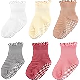 Henland-Jump 6 Pairs Toddler Ruffle Socks for Girls - Baby Grip Socks with Non-Slip, Cute Grippy Frilly Design