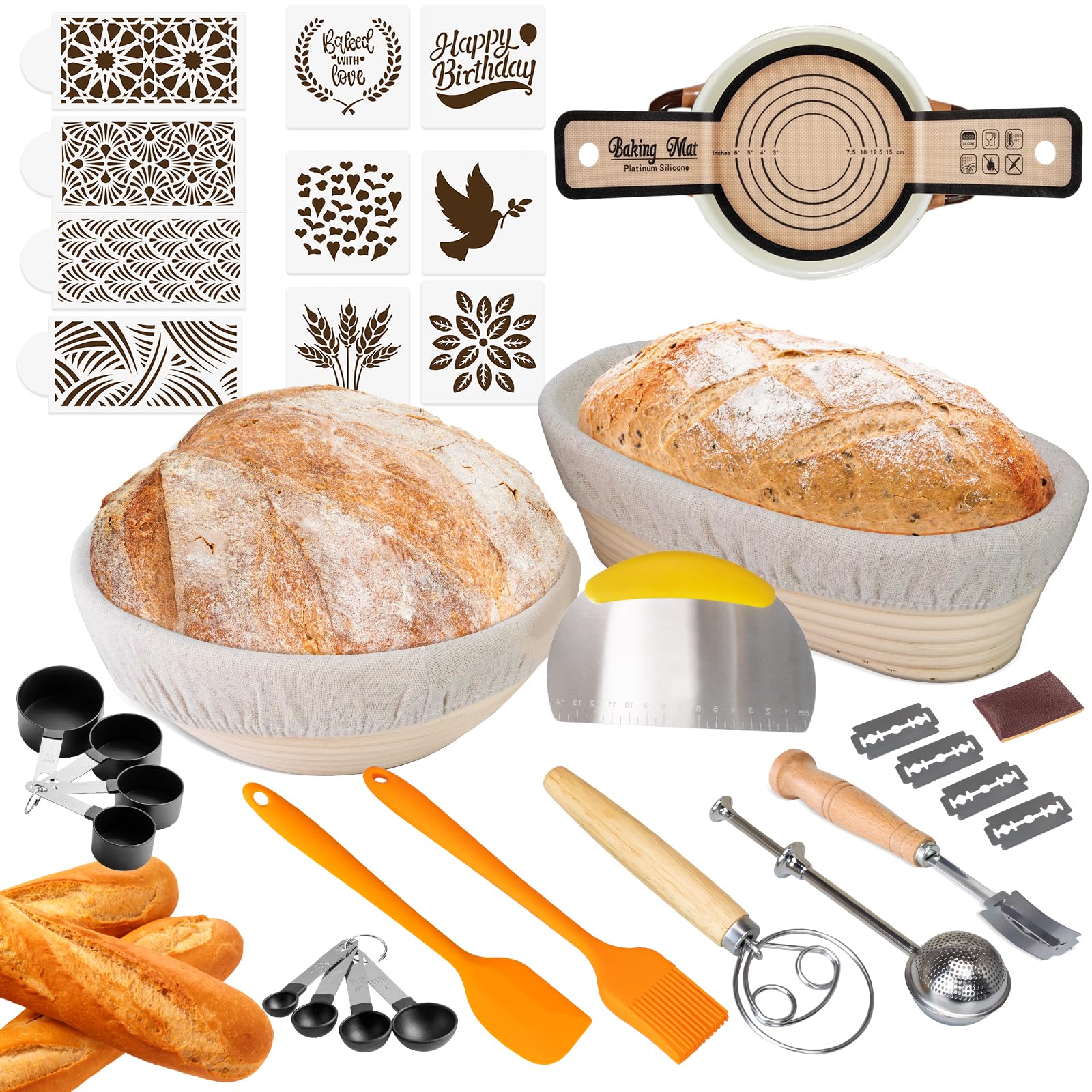 Photo 1 of Banneton Bread Proofing Baskets, 9 Inch Round & 10 Inch Oval Sourdough Basket with Upgrade Complete Bread Baking Supplies, ALL-IN-ONE Sourdough Starter Kit, Premium Gift Set