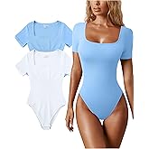 OQQ Women's 2 Piece Bodysuits Sexy Ribbed One Piece Square Neck Short Sleeve Bodysuits
