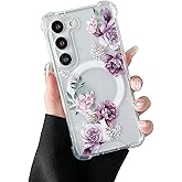 DEFBSC Magnetic Case for Samsung Galaxy S22 [Work with Magsafe] Clear Floral Flower Pattern Print Design Flexible Acrylic Shockproof Cover Flower Protective Phone Case, Purple Peony