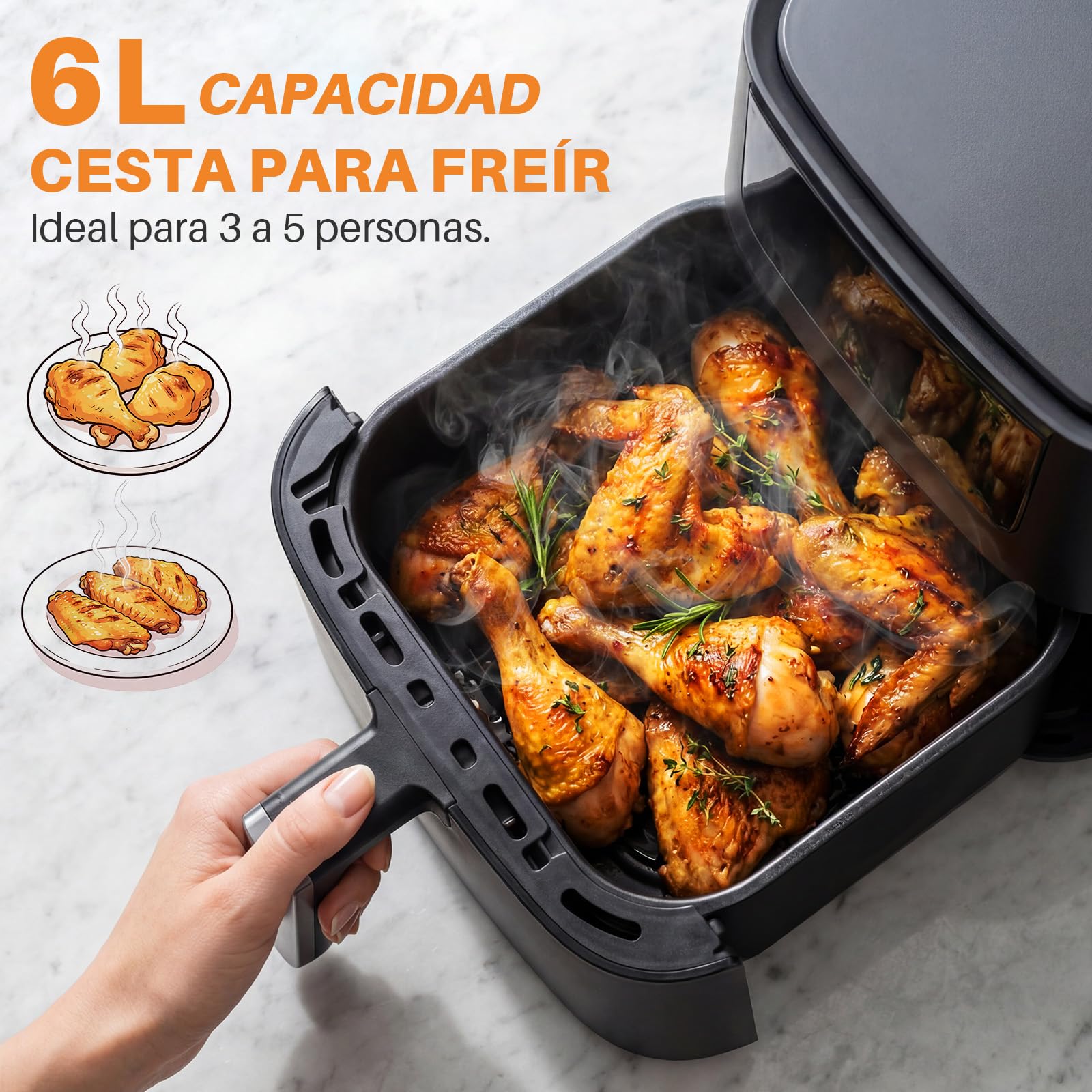 OKYUK Heißluftfritteuse 6L Airfryer XL - 1200W Friteuse ohne Öl mit Metall-Innenraum | Heissluftfriteuse Air Fryer, 8 Programmen, Digitales LED-Display, Timer, Benutzerfreundlich, 80-200°C 4