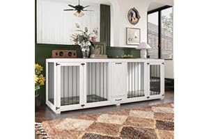 DAWNSPACES Large Furniture Style Large Dog Crate for 2 Dogs with 2 Dog Bowls & a Storage Drawer, 86.6" Heavy Duty Wooden Dog Kennel, Indoor Dog Kennel for Large Medium Dogs, TV Stand Table, White