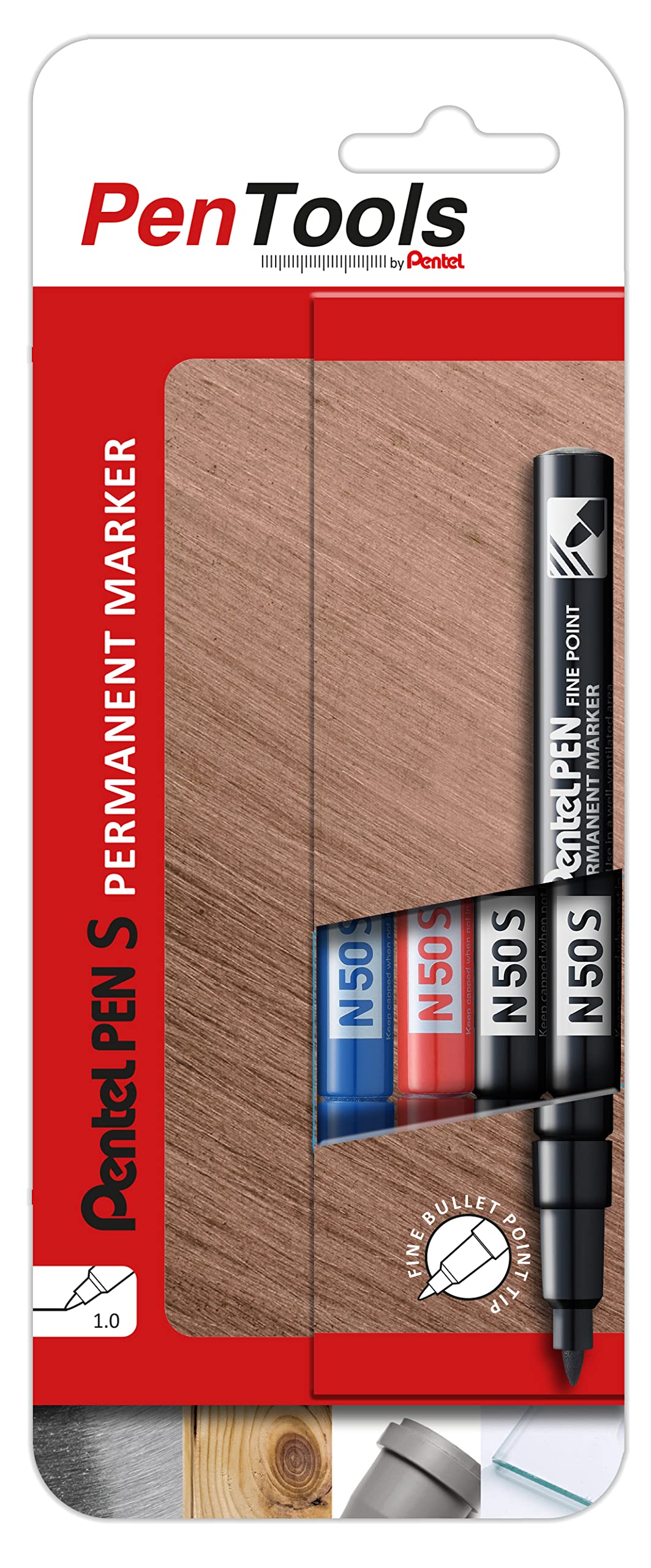 PenTools by Pentel N50S Permanent Marker - Extra Fine Bullet Tip (1.0mm Line) for Precise Marking - Pack of 4 - Assorted Colours