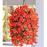 Artificial Bougainvillea Faux Flowers Plants Baskets for Outdoor Outside Decoration, 3PCS Fake Silk Flowers Long Trailing Vines UV Resistant Realistic for Front Door Porch Patio (Fall Orange)