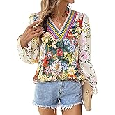 SHEWIN Women's Blouses Casual V Neck Long Sleeve Floral Print Chiffon Crochet Trim Tops Shirts