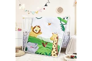 NacoMoco 3-Piece Crib Sets for Boys Girls - Ultra Soft Safari Crib Bedding Set Includes Crib Comforter, Sheet & Skirt (Happy Animals)
