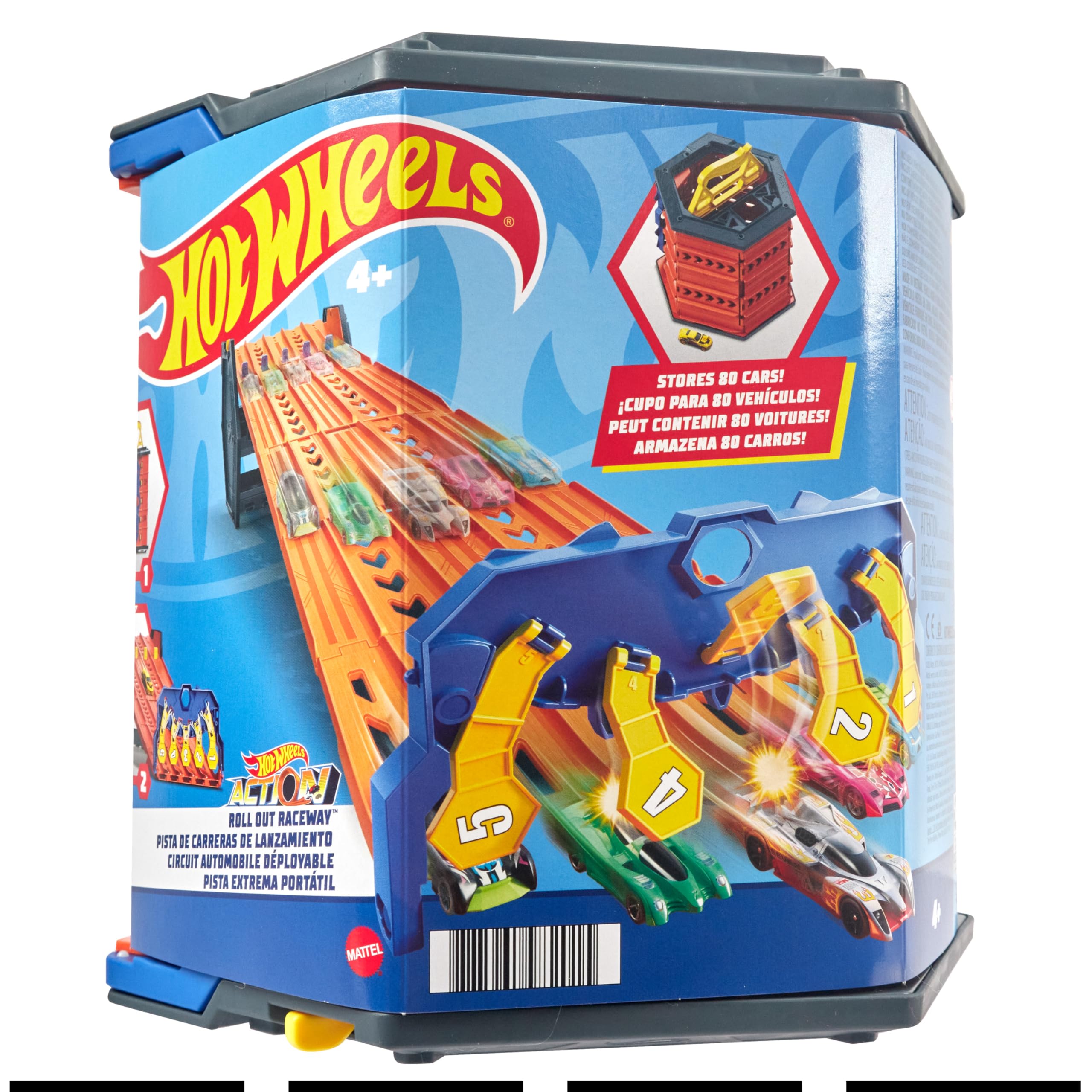 Hot Wheels Track Builder Action, Roll Out Raceway, Track Set with 5 Lane Racetrack and Toy Storage Bucket, Includes 1 Toy Car, Toys for Ages 4 to 10, One Pack, HGK41