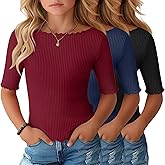 Oakgarden 3 Pack Girl's Half Sleeve T Shirts Kids Ribbed Lettuce Trim Tops Boat Neck Elbow Length Tees for 5-16 Years