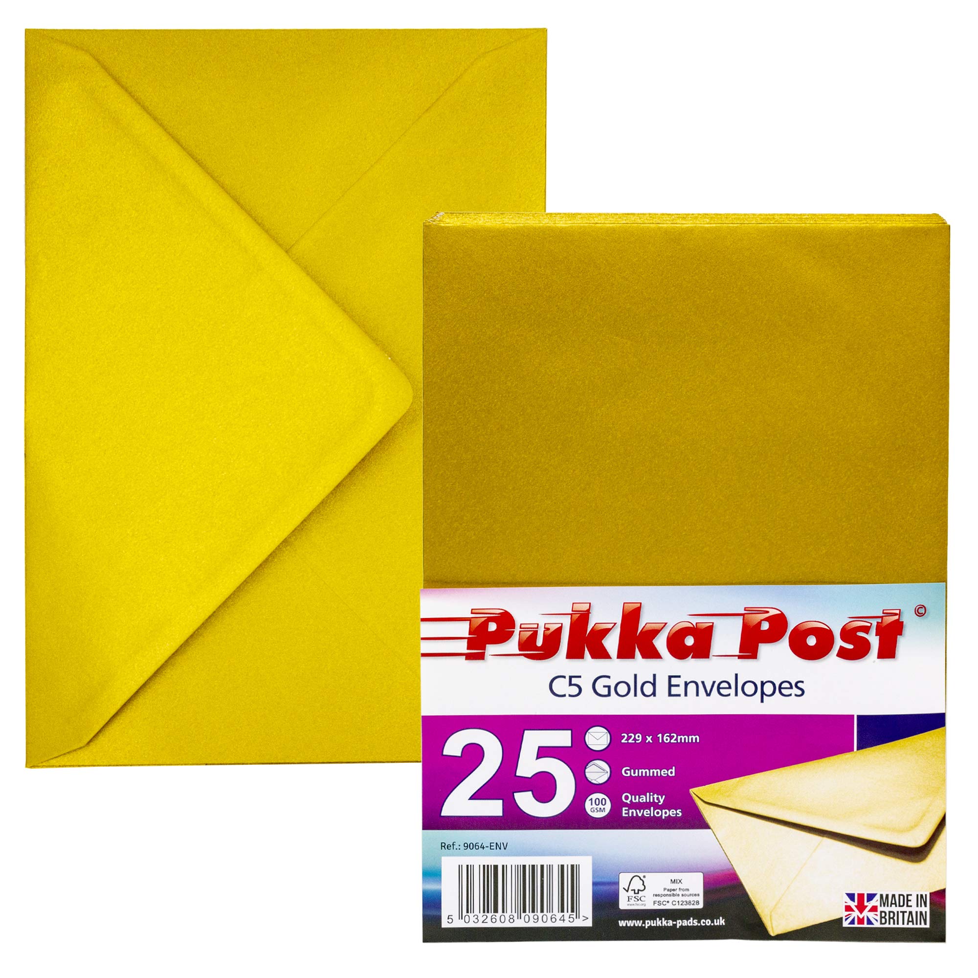 Pukka Pad, Pukka Post & Packaging Gummed Envelopes - Pack of 25, Ready-to-Seal, Durable 100GSM Postal Envelopes for Letters, Invitations, and Other Mail - 229 x 162 mm, Size C5, Gold