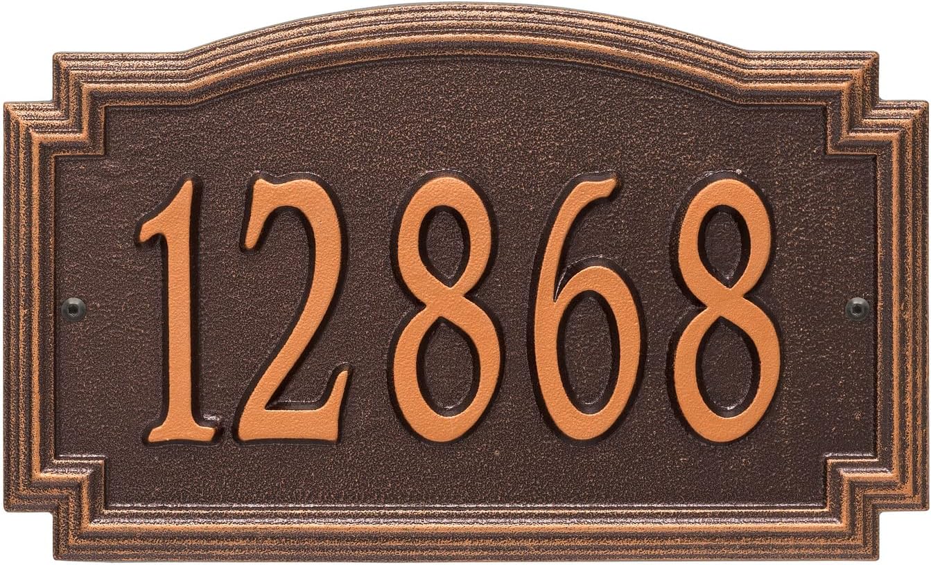 Address Signs - Whitehall Barcelos Personalized Cast Metal Address Plaque Custom House Number Sign 3343AC with One Line in Antique Copper Color 14 X 8.5