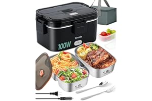 Electric Lunch Box Food Heater - 100W Fast Heating Lunch Box 12V/24V/110-230V Warming Lunchbox, Dual 1.8L Containers, Portabl