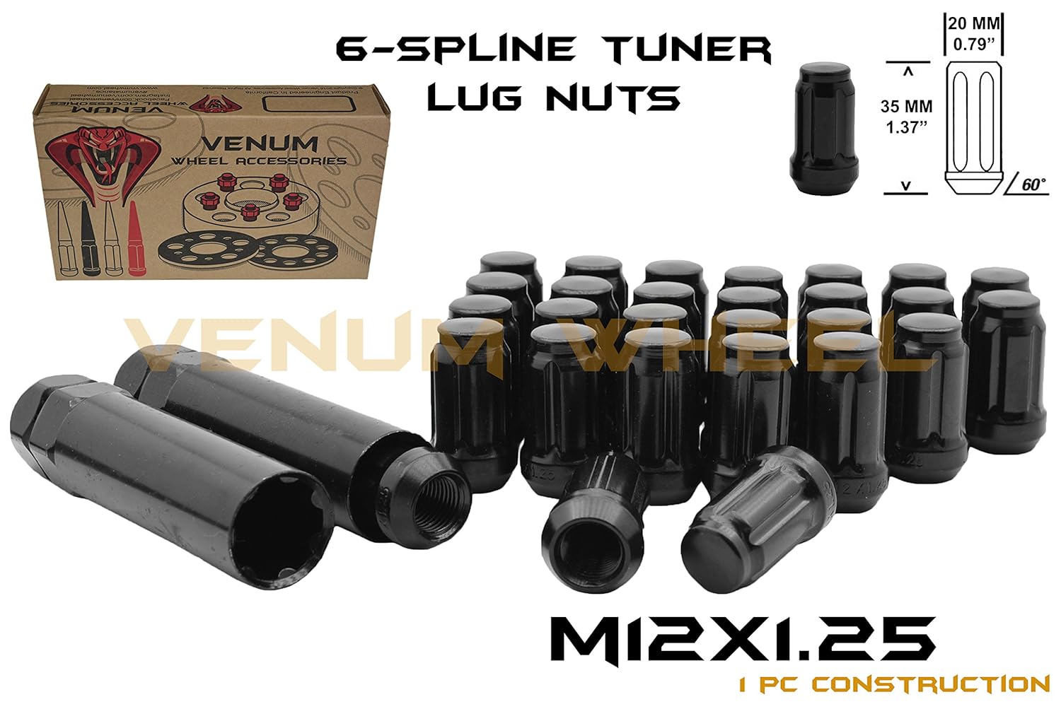 20 Pc 12x1.25 Thread Pitch Black Spline Duplex Security Lug