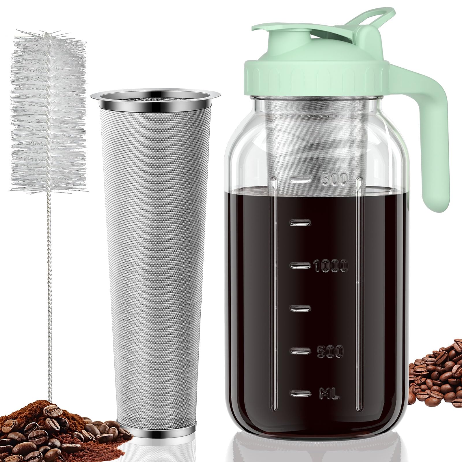 Photo 1 of JunVpic Cold Brew Coffee Maker Jar - 64oz Thick Glass Multipurpose Mason Pitcher Spout Lid with Handle & Stainless Steel Filter for Iced Coffee, Lemonade, Ice Tea, Homemade Fruit Drinks Container