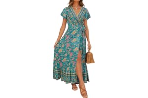 ZESICA Women's 2024 Bohemian Floral Printed Wrap V Neck Short Sleeve Split Beach Party Maxi Dress