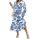 ZAFUL Women's Floral Midi Dress Long Sleeve V Neck Smocked Ruffle Boho Fall Dress