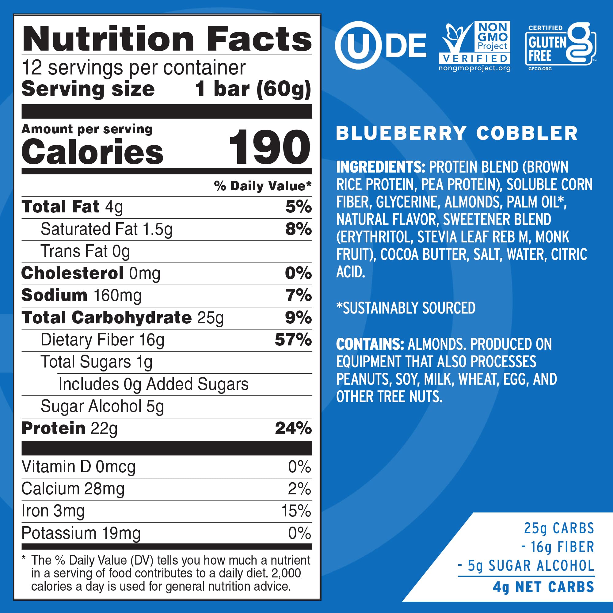 No Cow High Protein Bars, Blueberry Cobbler - Healthy Snacks, 20g Vegan Protein, High Fiber, Low Sugar, Keto Friendly, Dairy & Gluten Free (12 Count)