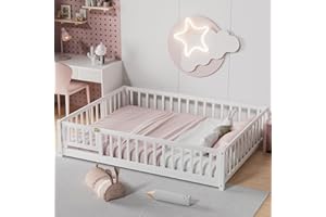 i-POOK Full Size Floor Bed for Children, Solid Wood Montessori Bed Frame with Fence & Door Montessori Floor Bed with Safety Guardrails for Girls and Boys, White (with Bed Slats)