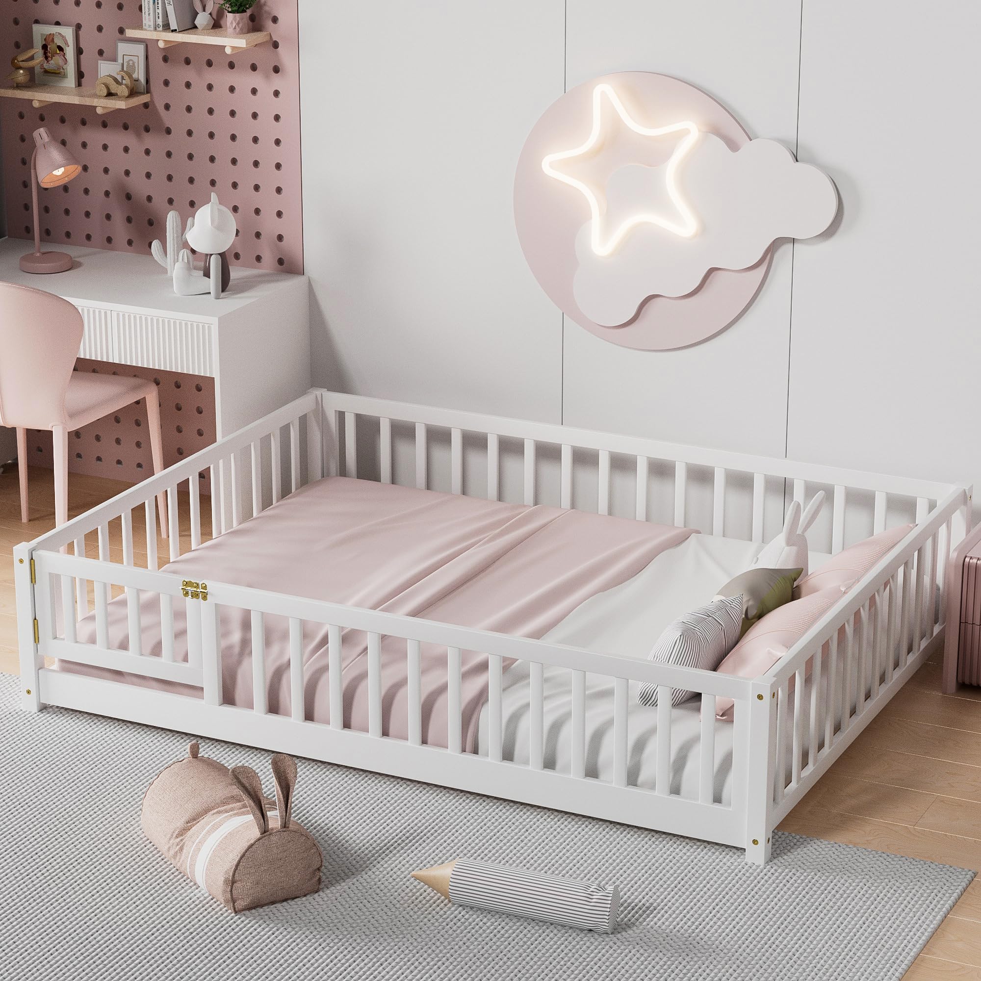 Photo 1 of *Chipped* i-POOK Full Size Floor Bed for Children, Solid Wood Montessori Bed Frame with Fence & Door Montessori Floor Bed with Safety Guardrails for Girls and Boys, White (with Bed Slats)