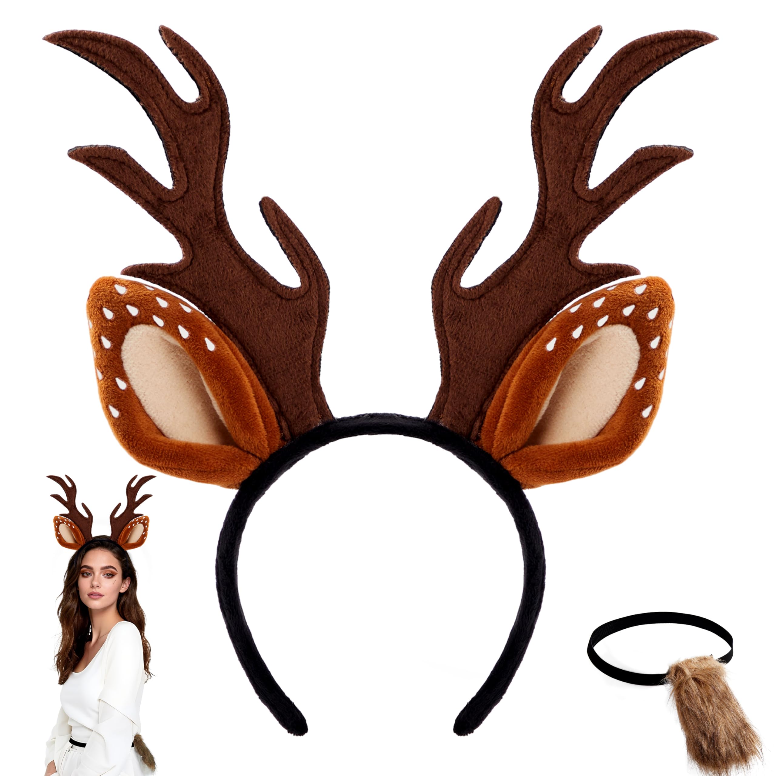 Spooktacular Creations Halloween Deer Headband with Fawn Tail Accesories Set, Antler Headband Reindeer Costume for Girls Women Halloween Dress Up Cosplay Party