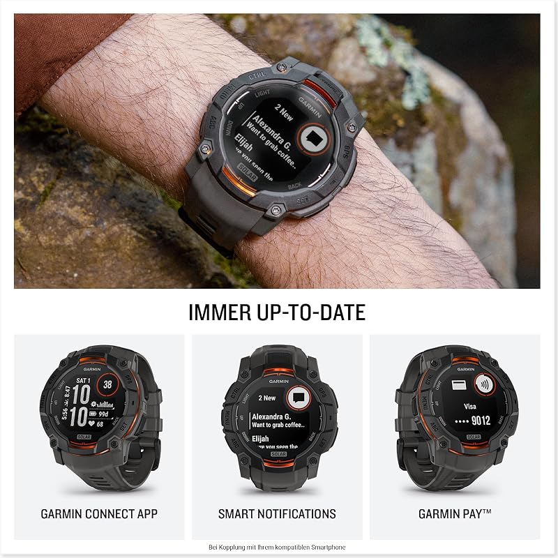 Instinct 3 50mm SOLAR – GPS-Multisport-Smartwatch, 1,1" Display, bis zu 40 Tage Akkulaufzeit, 80+ Sport-Apps, Navigationsfunktion, smarte Features, LED-Taschenlampe, wasserdicht