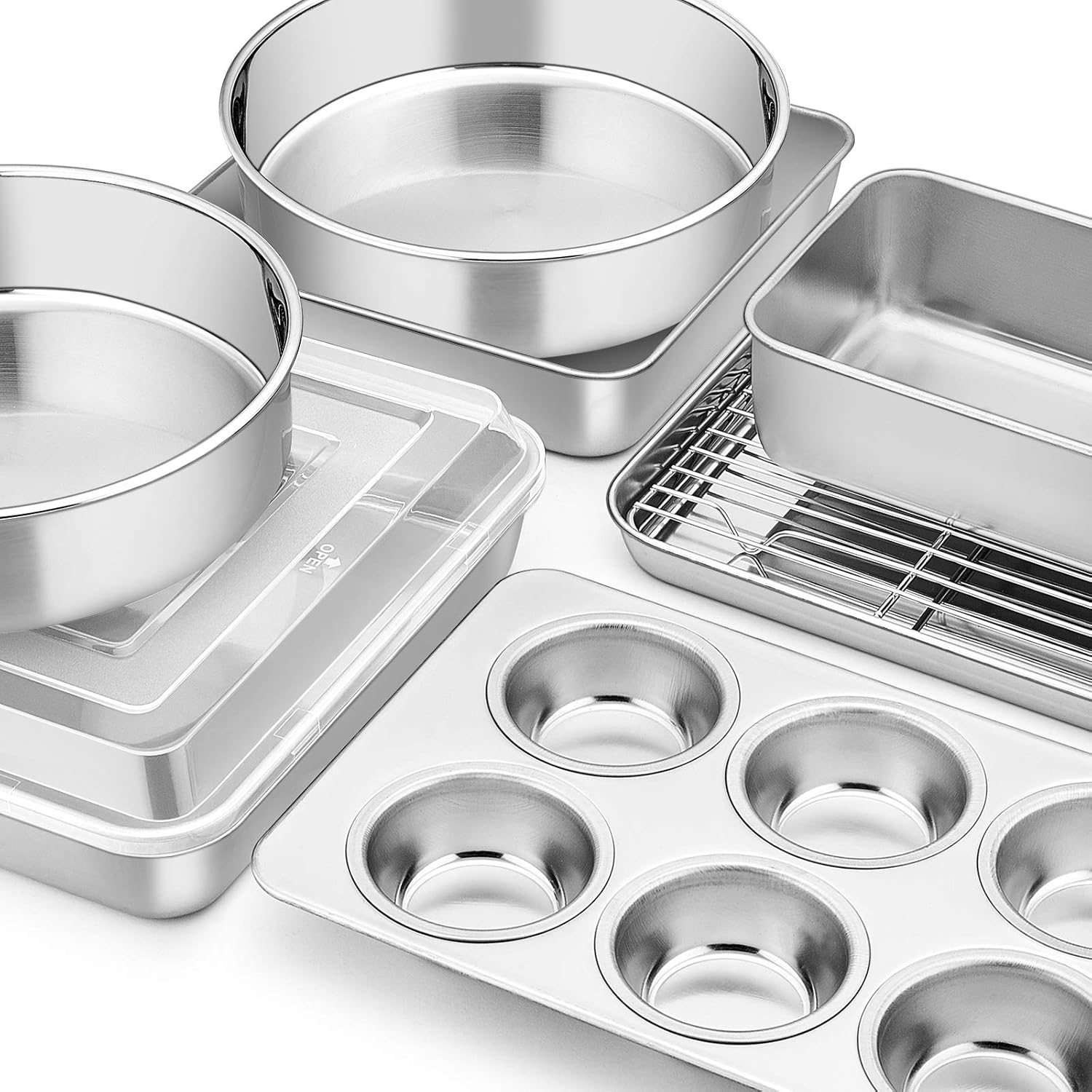 9-Piece Stainless Steel Bakeware Sets, E-far Metal Baking Pan Set Include Round/Square Cake Pans, Rectangle Baking Pan with Lid, Loaf Pan, Muffin Pan, Cookie Sheet with Rack, Dishwasher Safe: Kitchen & Dining