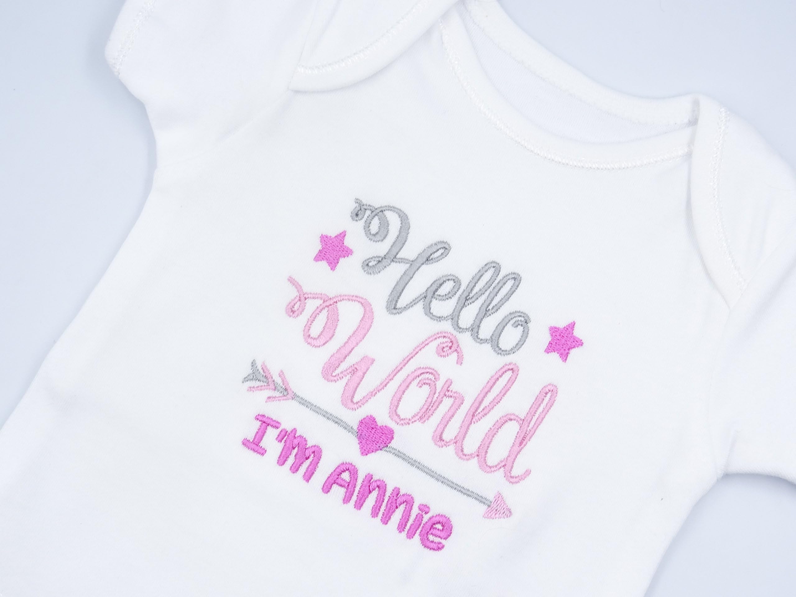 Just Toys OnlinePersonalised Embroidered Baby Girls Vest Bodysuit Hello World